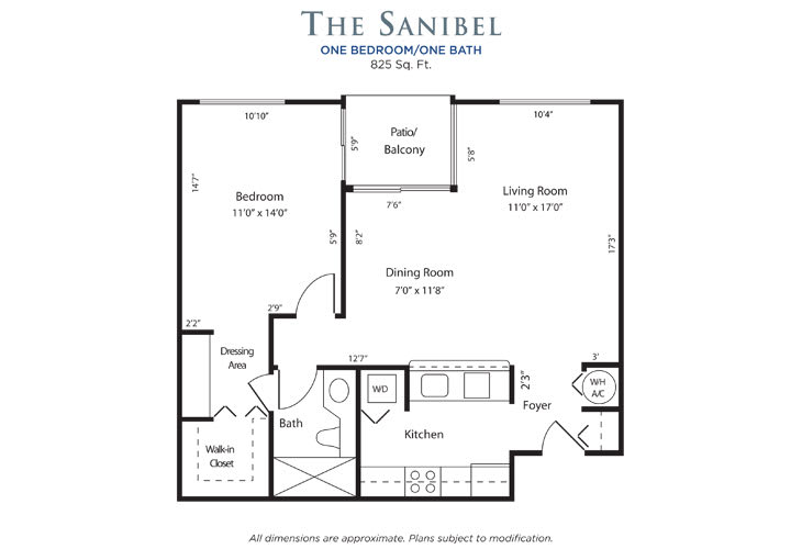 The Sanibel one-bedroom, one-bath apartment floor plan.