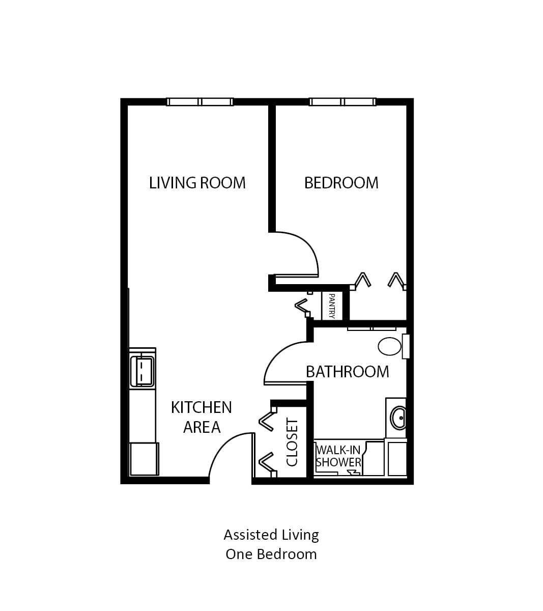 Floor plan of a one-bedroom apartment with living room, kitchen area, bathroom, and closet.