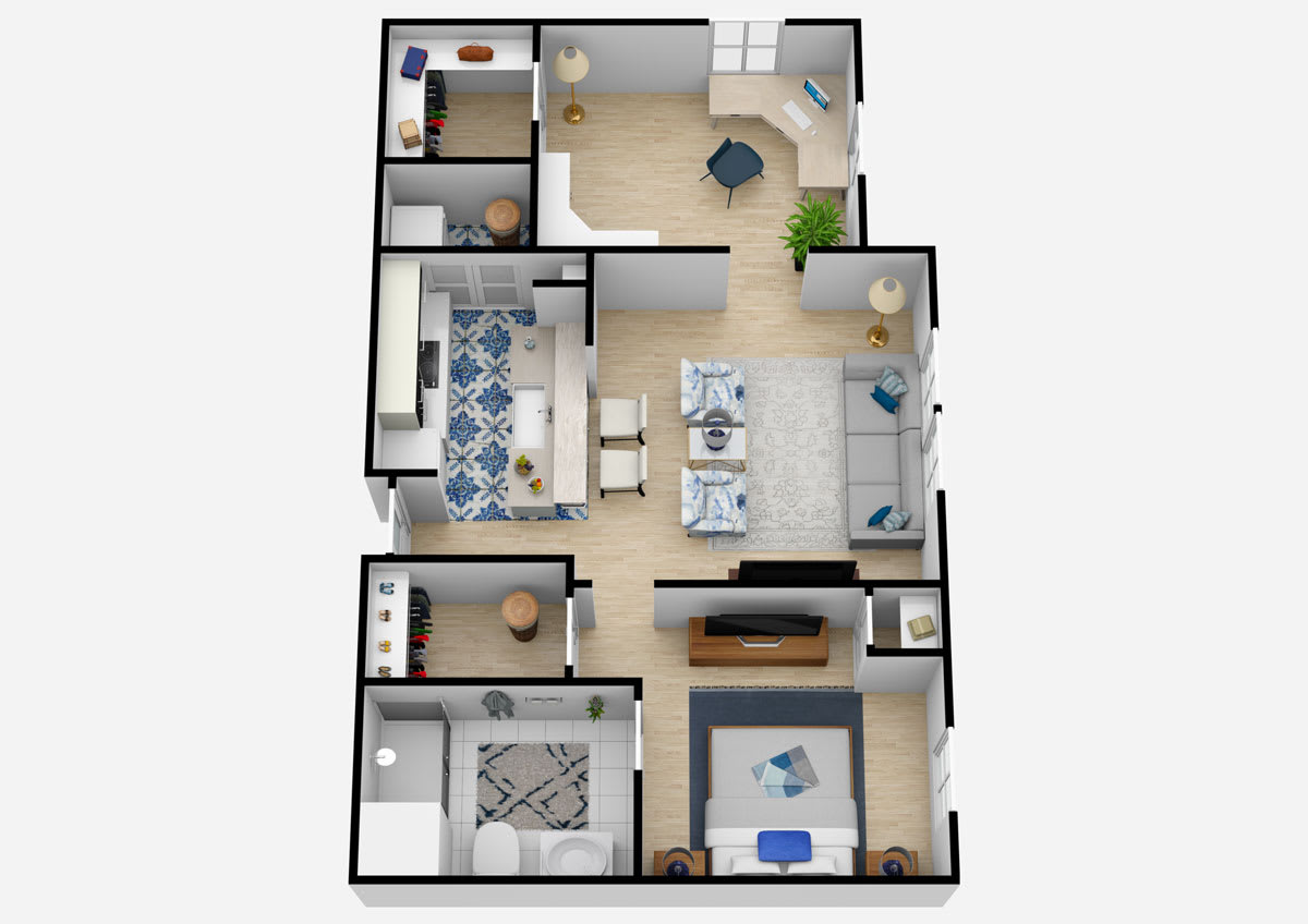 3D floor plan of a modern apartment featuring two bedrooms, living room, kitchen, and bathroom.