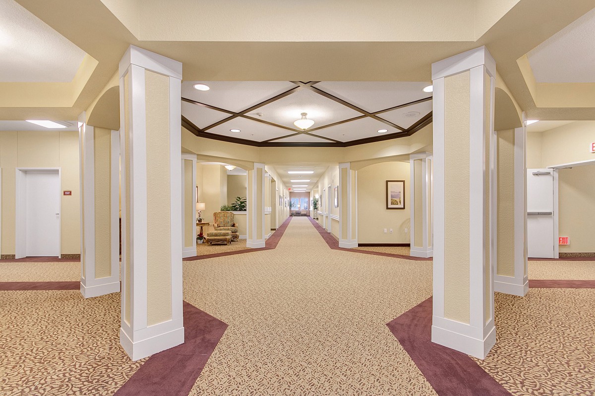A well-lit hotel hallway with elegant decor and multiple doorways.