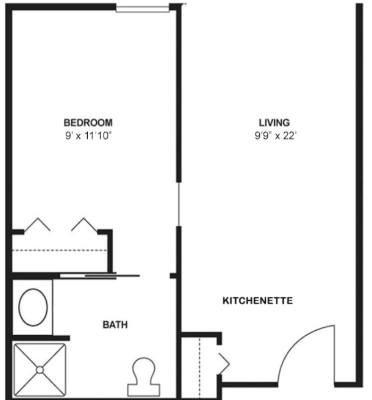 A simple floor plan showing the layout of a one-bedroom apartment with living area and kitchenette.