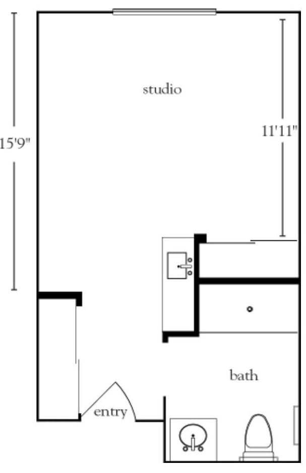 A floor plan of a studio apartment featuring an open layout with a bathroom.