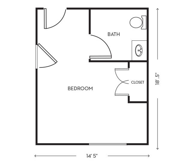 A simple floor plan featuring a bedroom with an attached bathroom and closet.