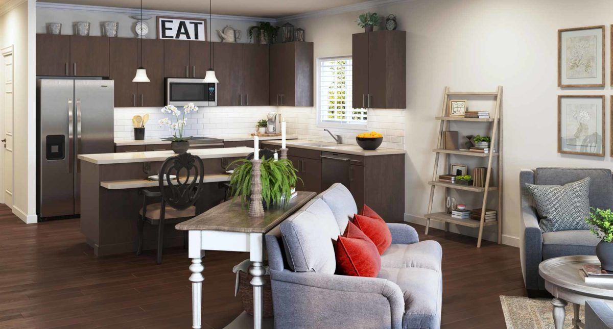 A modern open-plan kitchen and living room featuring a cozy sofa with bright red cushions, dark wood cabinets, and decorative plants.