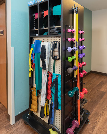 A neatly organized fitness storage rack featuring various exercise tools such as dumbbells and resistance bands.