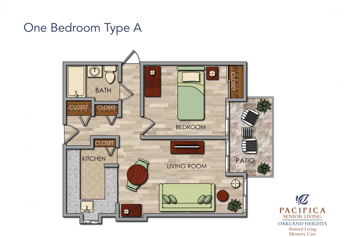 Floor plan of a 1-bedroom apartment featuring a living room, kitchen, bathroom, and patio.