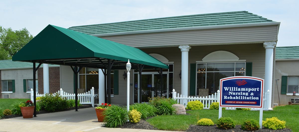 A building entrance with a green awning and neatly landscaped garden.