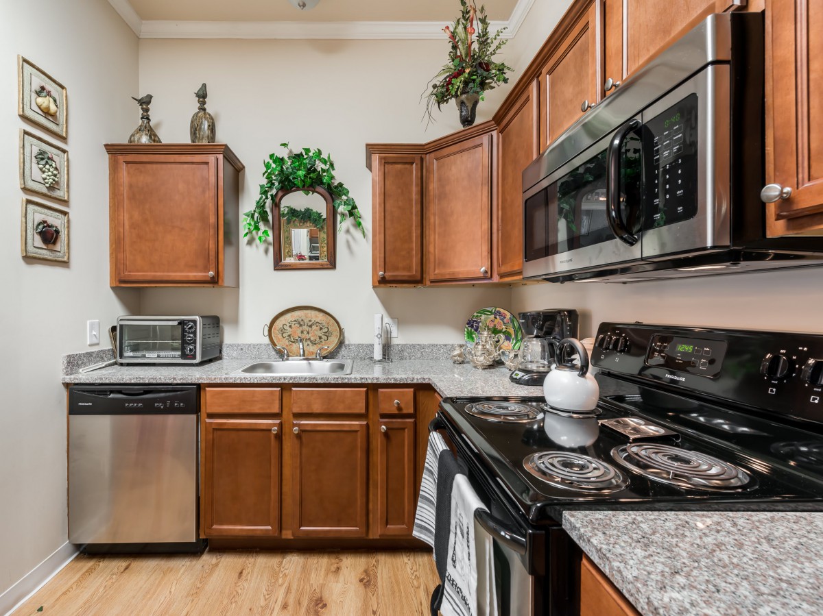 A modern kitchen with wooden cabinets, stainless steel appliances, and decorative plants.