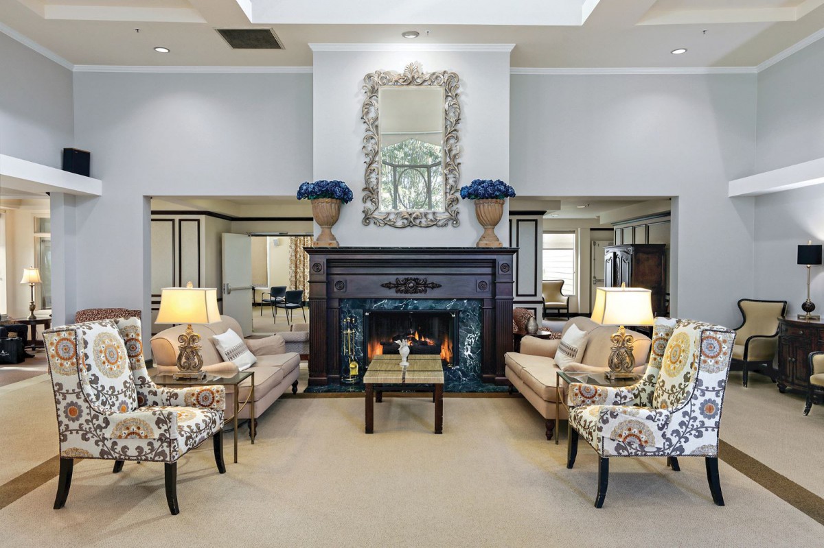 Elegant living room with a cozy fireplace and stylish furniture arrangement.