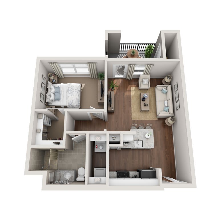 A 3D floor plan of a modern apartment with a bedroom, kitchen, living room, and bathroom.