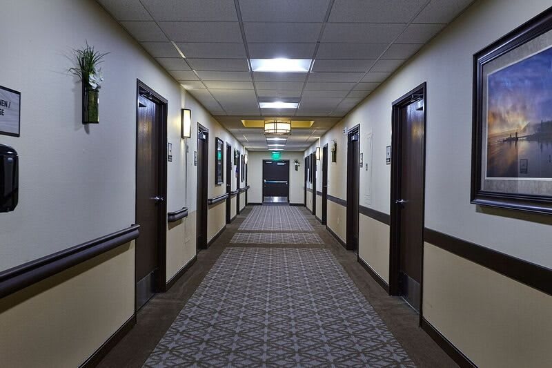 A well-lit hotel hallway with multiple doors on each side.