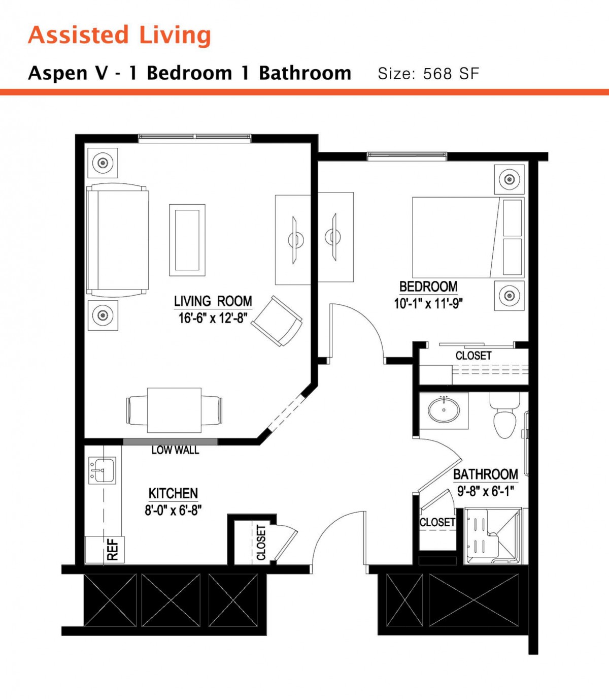 Aspen V - 1 Bedroom, 1 Bathroom Floor Plan with a Size of 686 Sq Ft.