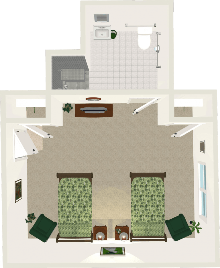 A floor plan of a bedroom with two beds, a bathroom, and furniture arrangement.