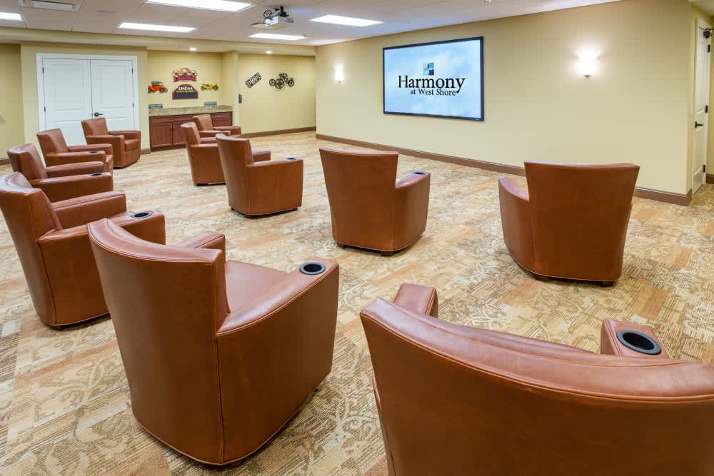 A modern conference room with comfortable leather chairs arranged in rows facing a large screen, suitable for meetings or presentations.