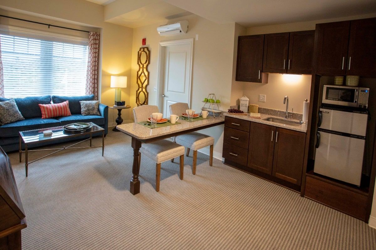 A cozy living room with a kitchenette, featuring a comfortable seating area and modern decor.