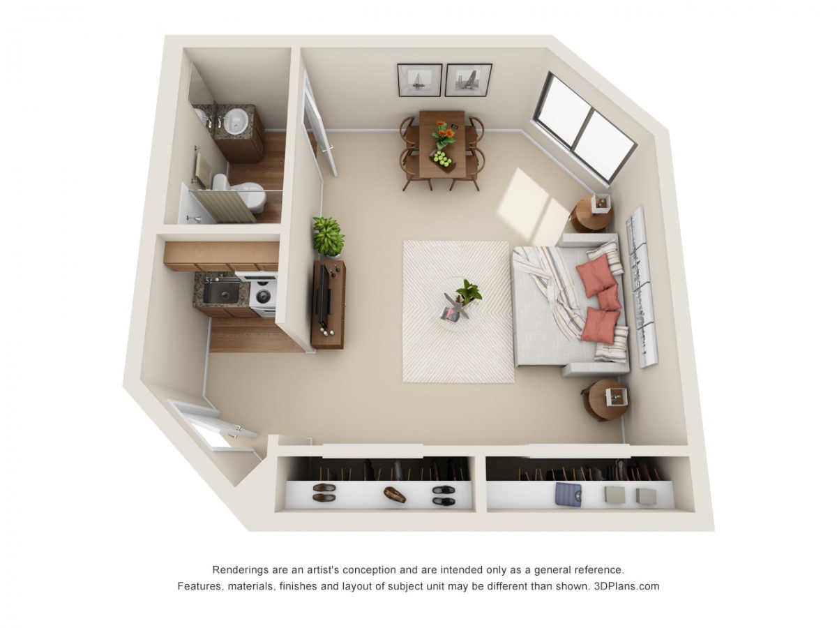 3D floor plan of a modern studio apartment with an open living area, bedroom space, and a small kitchen and bathroom.