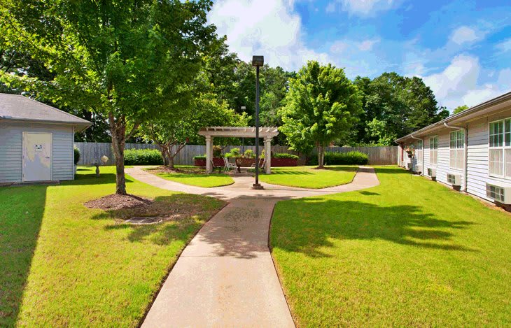 A peaceful park with winding pathways and lush greenery.