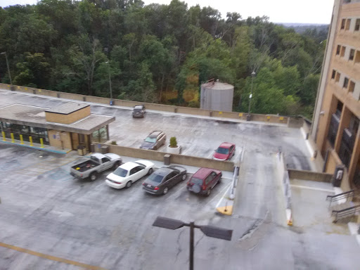 Aerial view of a parking lot with several parked vehicles surrounded by greenery.