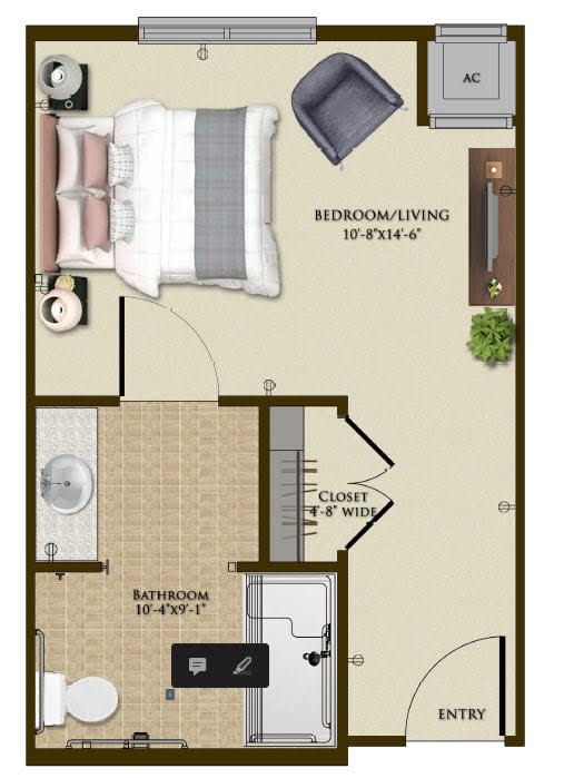 Studio apartment floor plan with combined bedroom and living area, kitchen, and bathroom.