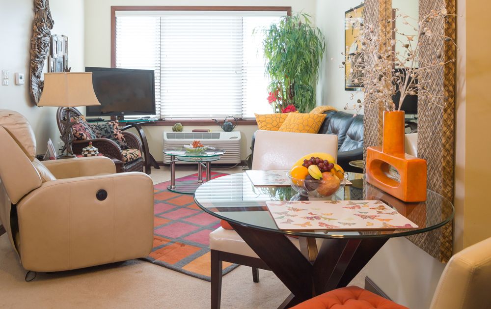 A cozy and modern living room with stylish furniture and decor, featuring a TV and a large window.