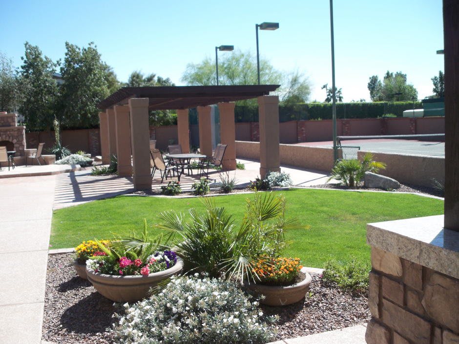 A well-maintained garden area featuring a pergola with seating, surrounded by lush landscaping under a clear sky.