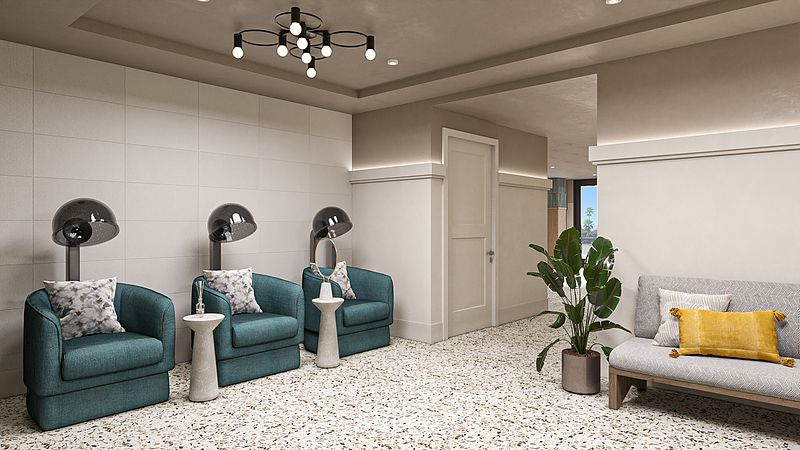 A modern waiting area with comfortable seating, stylish lighting, and decorative plants.