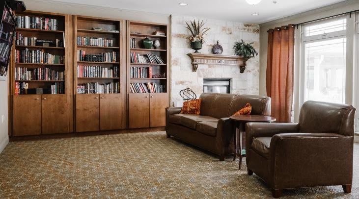 A cozy living room with bookshelves, a comfortable sofa, and a fireplace.