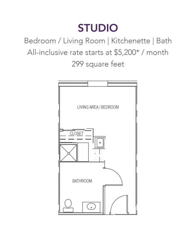 Floor plan of a studio apartment with a combined bedroom, living room, kitchenette, and bath.