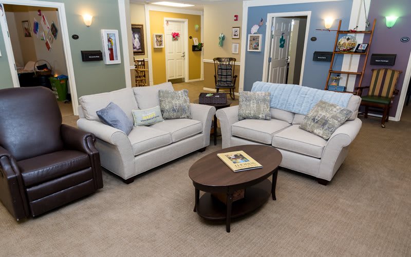 A cozy living room setup with two sofas and a coffee table.