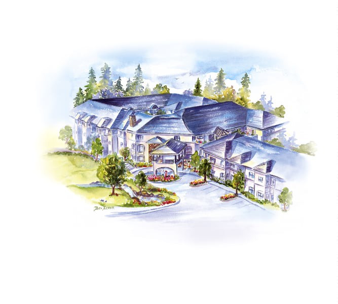 A watercolor painting of a large building surrounded by greenery.