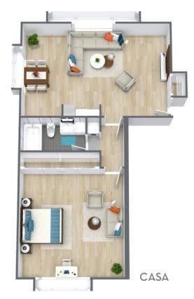 A detailed floor plan of a one-bedroom apartment featuring a living room, kitchen, bathroom, and bedroom.