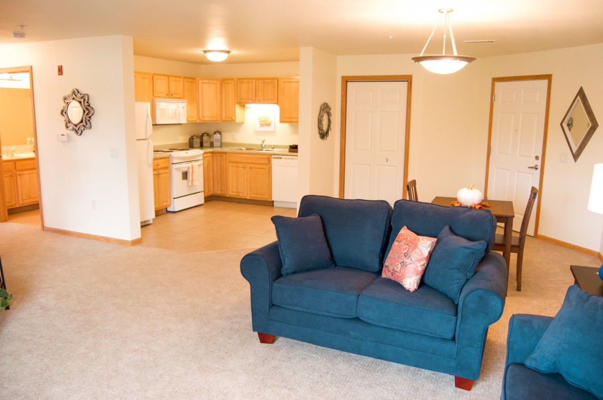 A cozy open-plan living room and kitchen with a blue sofa and wooden furniture.