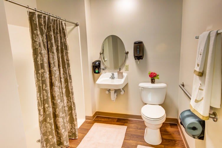 A clean and well-organized bathroom featuring a sink with a mirror, a toilet, and a shower curtain.