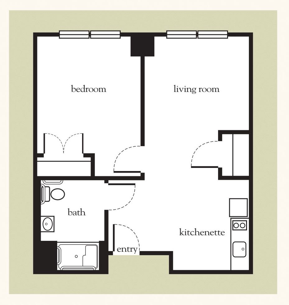 A simple one-bedroom apartment floor plan featuring a living room, kitchen/dinette, bathroom, and closet.