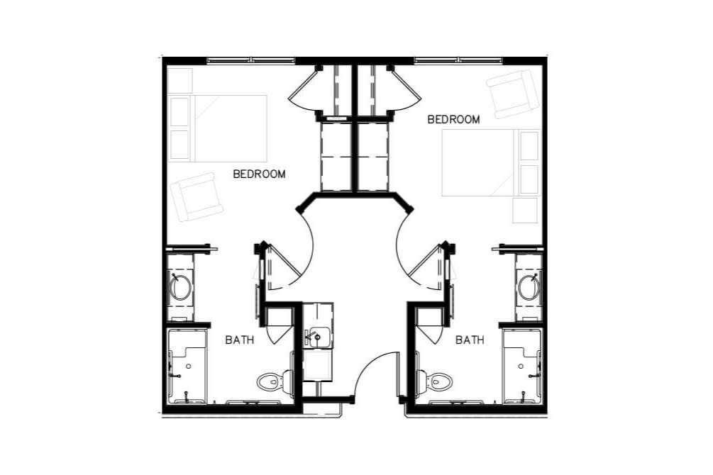 A floor plan of a two-bedroom, two-bathroom apartment.