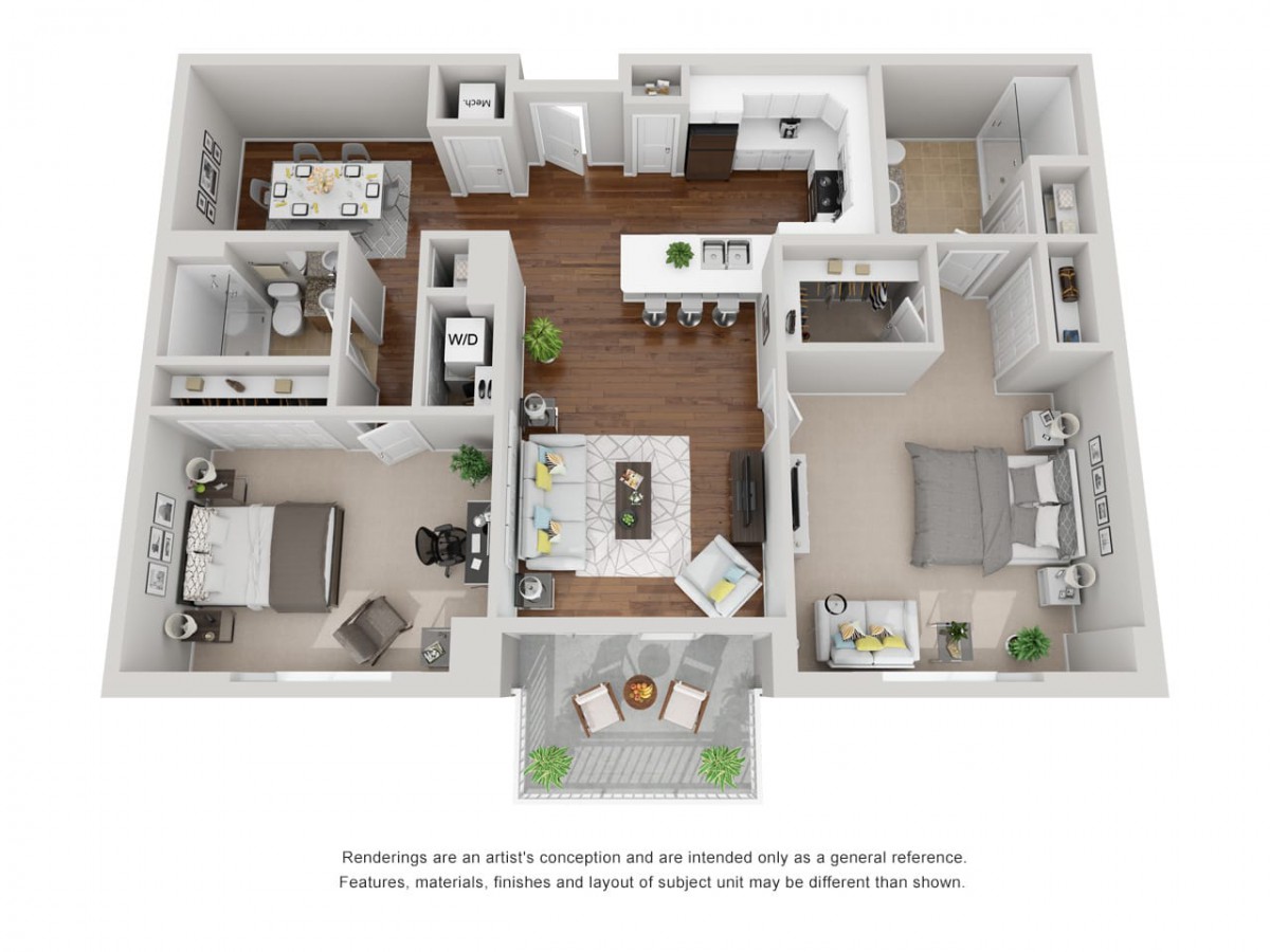 A 3D rendering of a two-bedroom apartment floor plan featuring modern interior design and furniture placement.