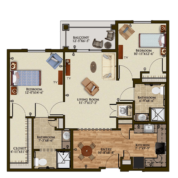 A detailed floor plan of a two-bedroom apartment, showcasing the layout and furniture arrangement.