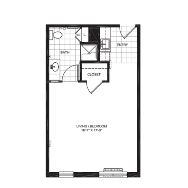 Floor plan of a studio apartment with a bathroom and kitchen area.