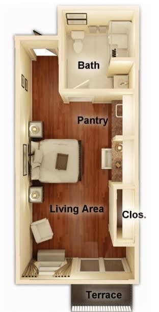 A compact studio apartment floor plan featuring a living area, pantry, and closet.