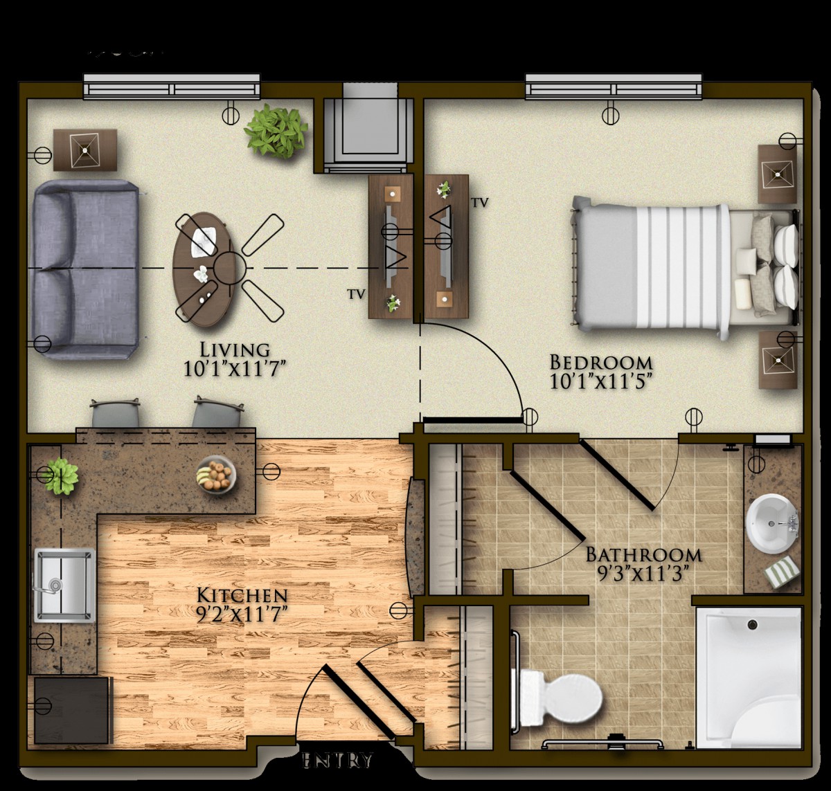 A detailed floor plan of a one-bedroom apartment featuring a living room, kitchen, bedroom, and bathroom.