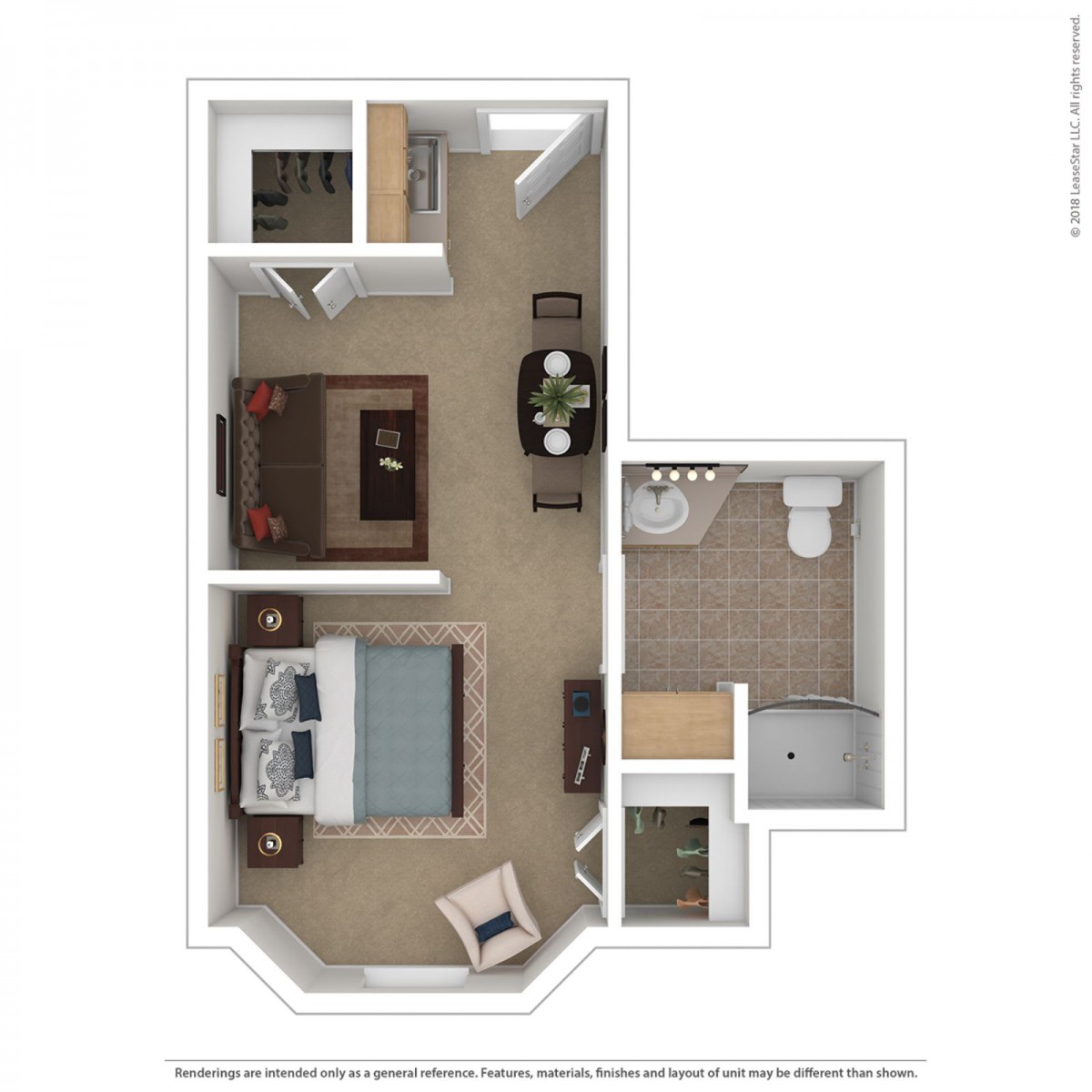A floor plan of a one-bedroom apartment featuring a kitchen, living room, and bathroom.