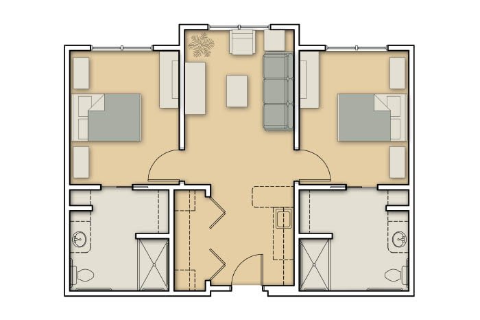 A floor plan of a two-bedroom apartment with a shared central living area.