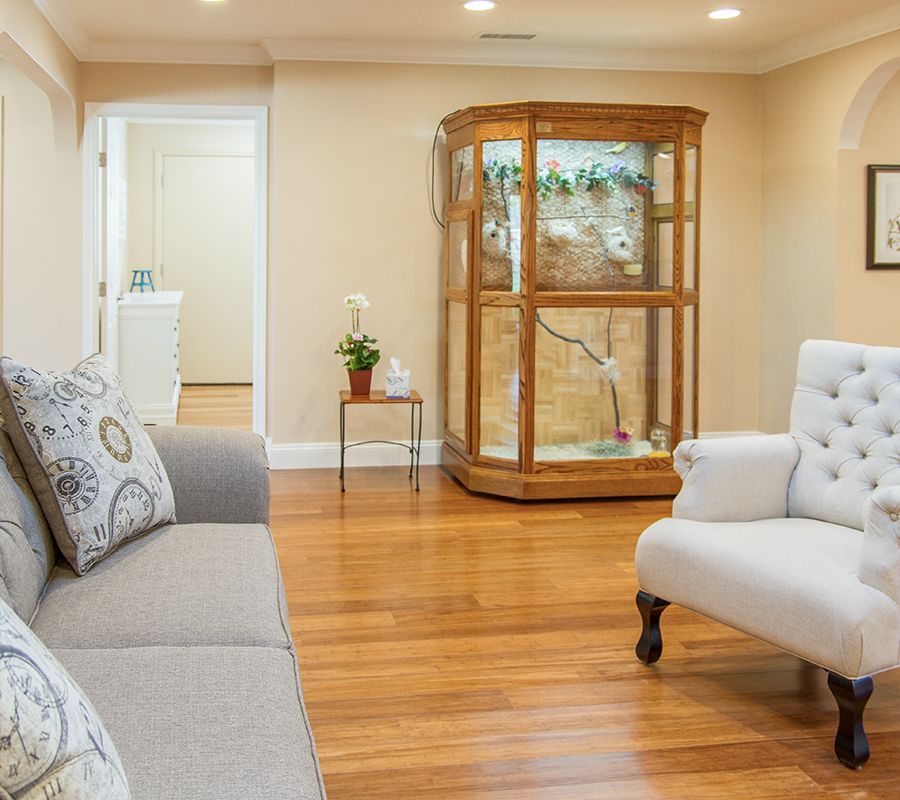 A cozy living room with a comfortable sofa, elegant armchair, and a glass cabinet showcasing decor pieces.