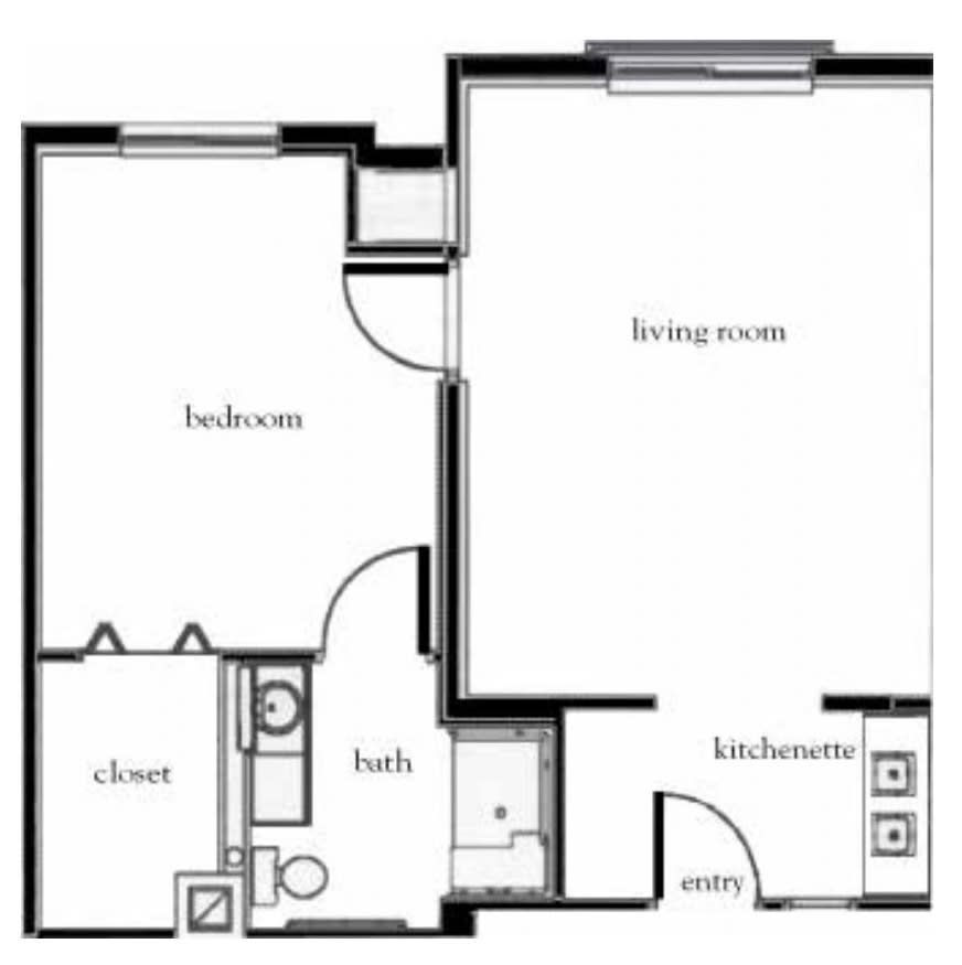 A floor plan of a one-bedroom apartment featuring a living room, kitchen, bathroom, and closet.