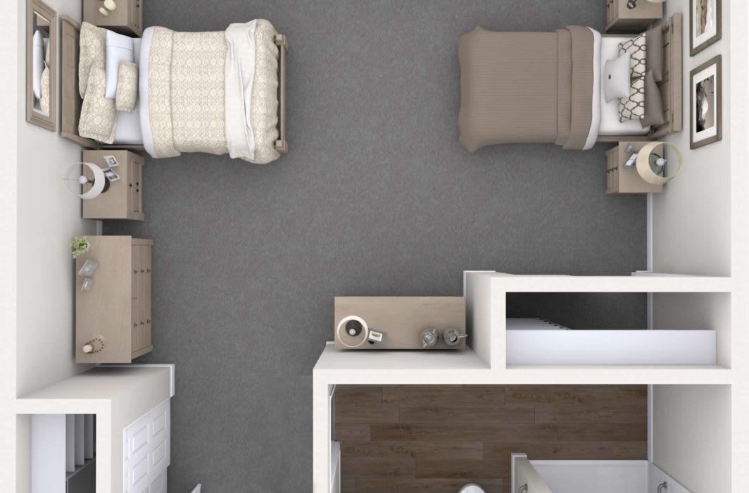 Top-down view of a bedroom featuring two single beds, a bunk bed, and modern furniture.