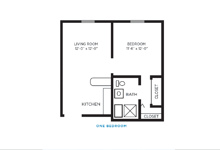 A floor plan of a one-bedroom apartment featuring a living room, kitchen, bathroom, and closet.