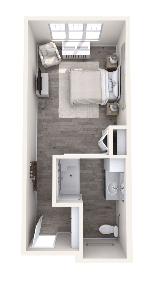 A compact studio apartment layout featuring a bedroom, kitchen, and bathroom.