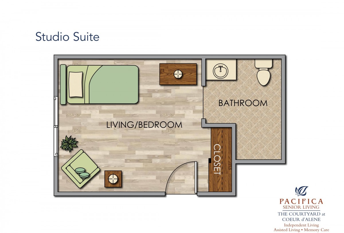 Floor plan of a studio suite with a living/bedroom, bathroom, and closet.