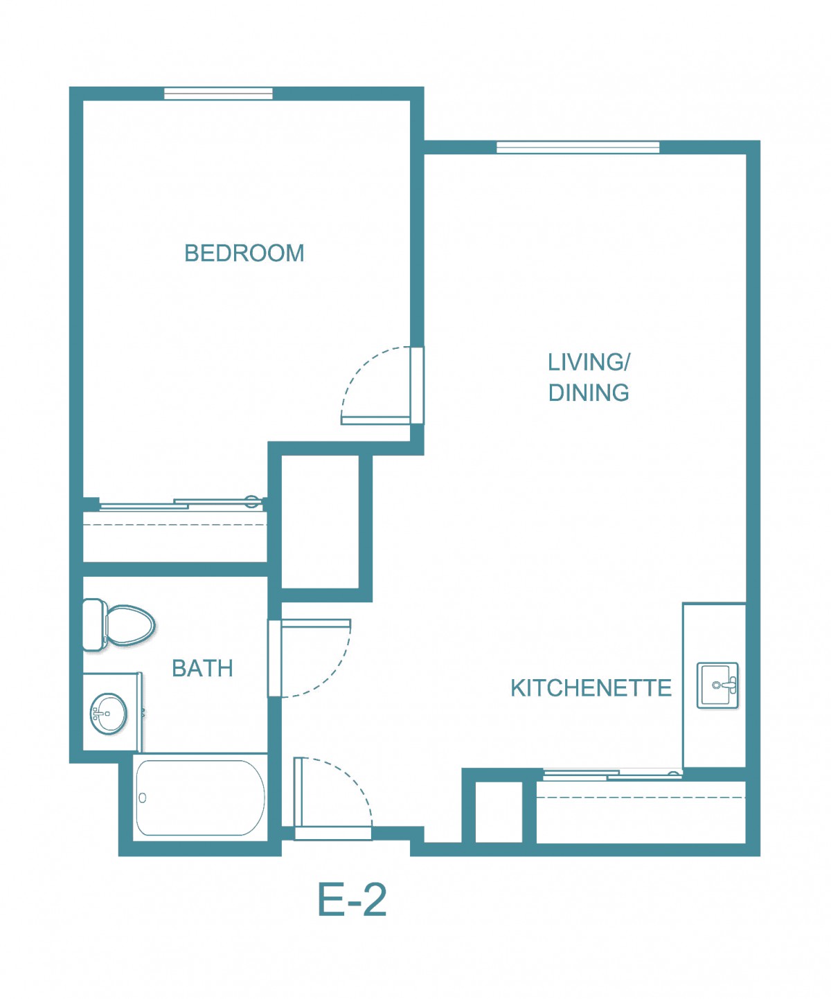 A simple floor plan of a one-bedroom apartment featuring a living area, kitchenette, and bathroom.