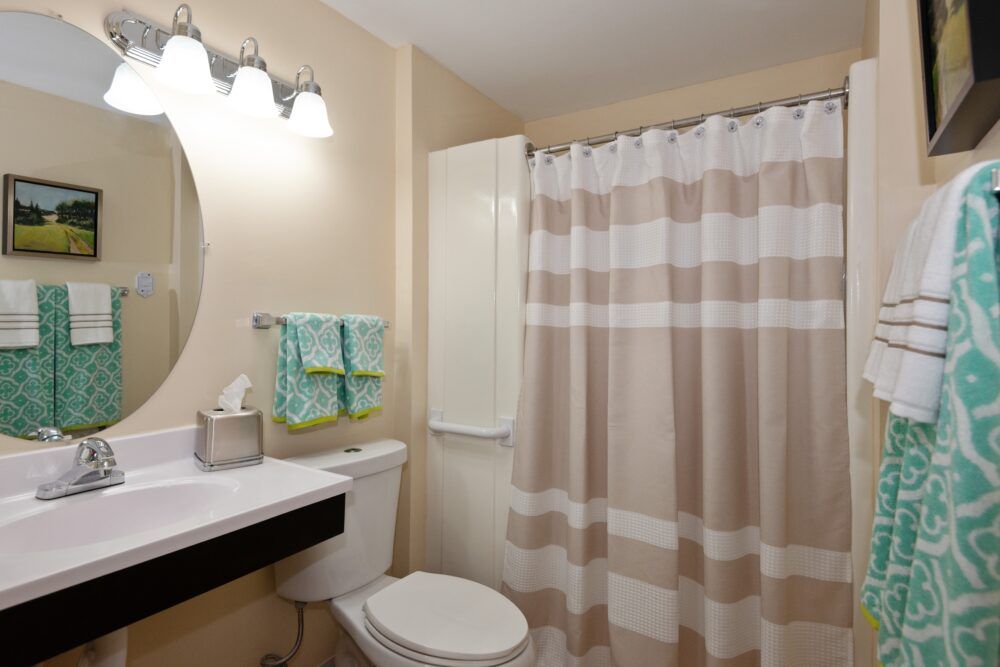A well-lit bathroom with a shower curtain and modern amenities.